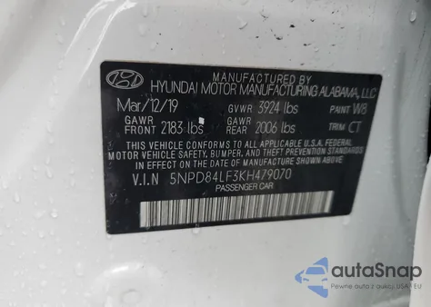 2019 Hyundai Elantra Sel z USA, uszkodzony, nr VIN 5NPD84LF3KH479070